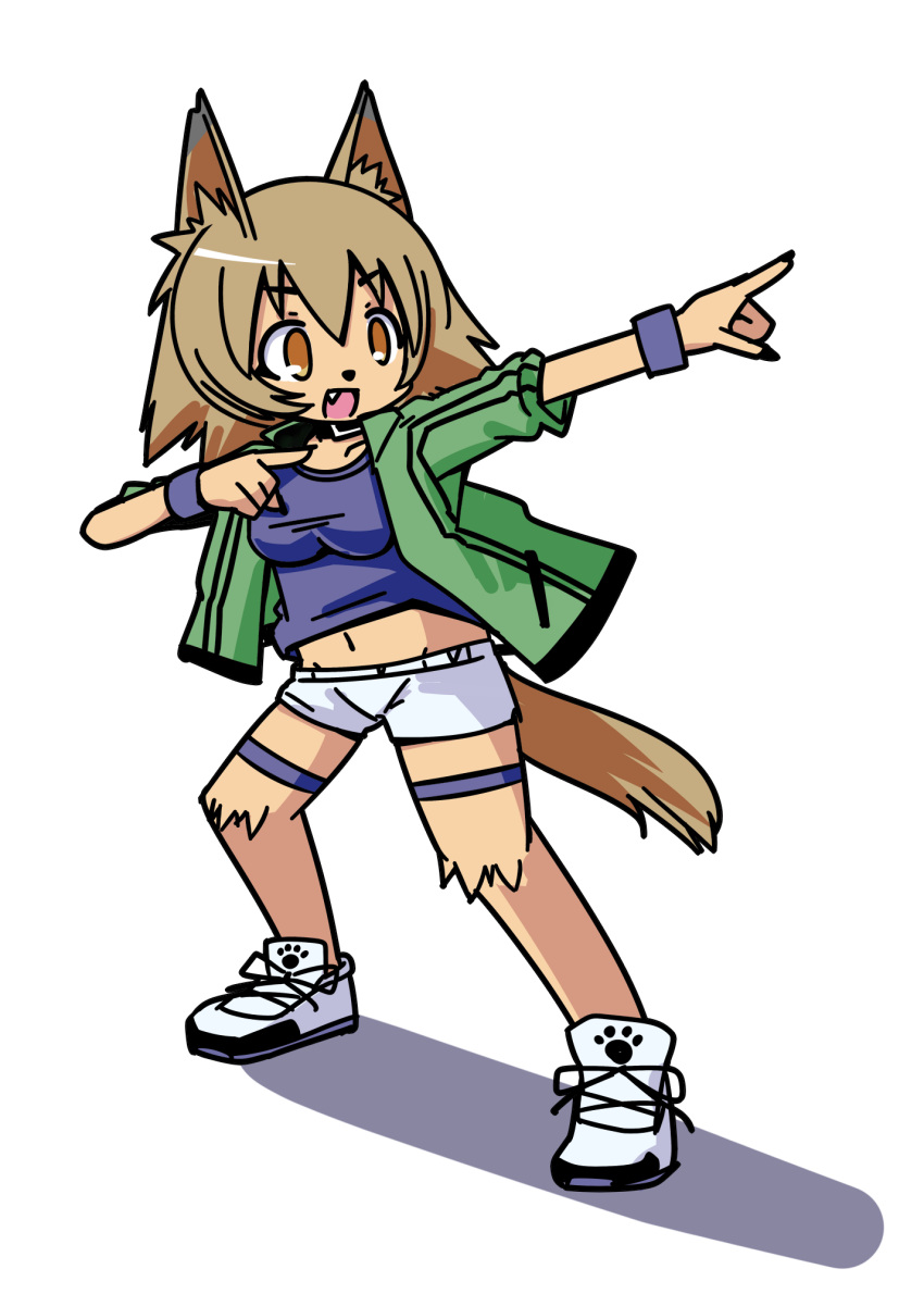 1girl animal_ears brown_eyes brown_hair claws dog_ears dog_tail fang full_body fur furry highres kobold monster_girl monster_musume_no_iru_nichijou navel polt pose rolf_(artist) shadow simple_background solo sweatband tail usain_bolt white_background