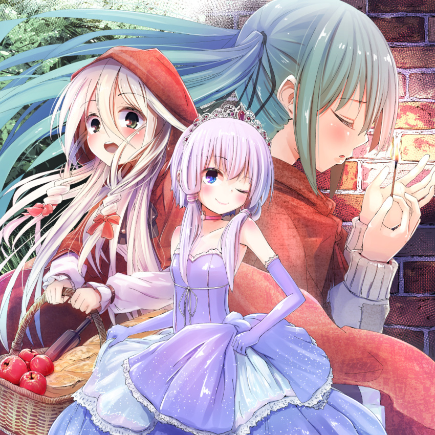 3girls :o apple aqua_hair bangs bare_shoulders basket blonde_hair blue_eyes bow braid bread brick_wall choker cinderella cinderella_(cosplay) cinderella_(grimm) crossover dress eyebrows eyebrows_visible_through_hair fire food from_side fruit grass grimm's_fairy_tales hair_between_eyes hair_bow hair_over_shoulder hatsune_miku highres hooded_cloak ia_(vocaloid) little_match_girl little_red_riding_hood little_red_riding_hood_(cosplay) little_red_riding_hood_(grimm) long_hair long_sleeves looking_at_viewer mankun matches matchgirl matchgirl_(cosplay) multiple_crossover multiple_girls one_eye_closed open_mouth purple_gloves purple_hair red_bow red_hood ribbed_sweater shirt skirt_hold small_breasts smile strapless_dress sweater tiara tree twin_braids twintails very_long_hair vocaloid white_hair white_shirt wine_bottle yuzuki_yukari