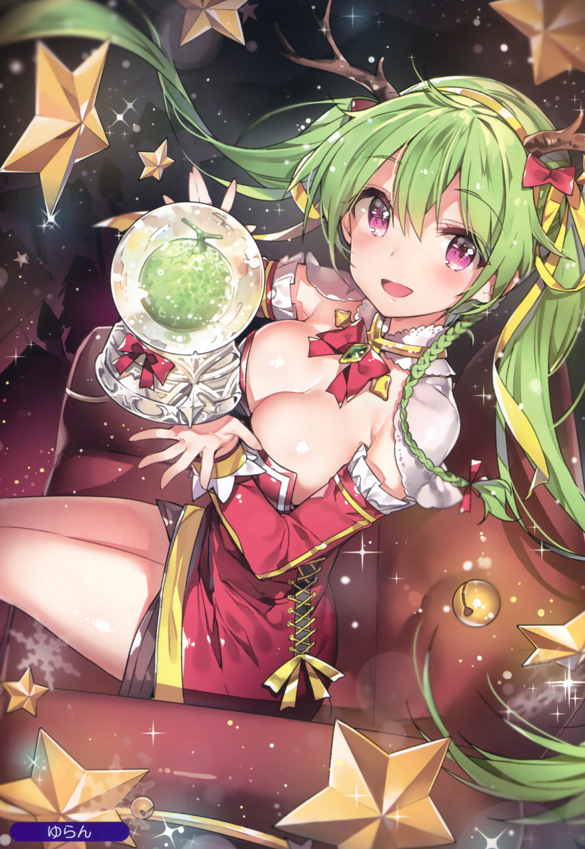 1girl absurdres antlers bell bowtie breasts cleavage cozyquilt detached_collar detached_sleeves dress food fruit green_hair hair_ribbon highres indoors jingle_bell large_breasts long_hair looking_at_viewer melon melonbooks red_dress reindeer_antlers ribbon scan sitting smile solo sparkle star twintails violet_eyes