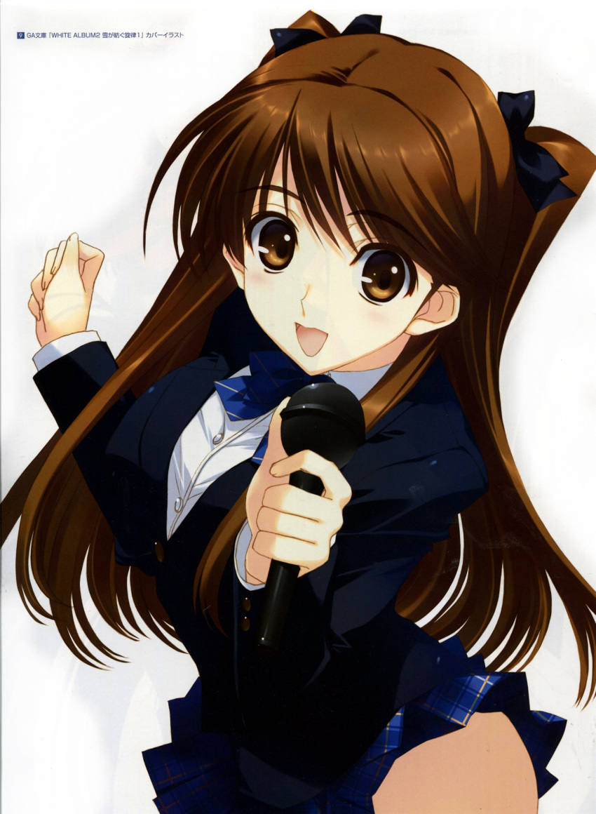 1girl absurdres blazer brown_eyes brown_hair hair_ribbon highres looking_at_viewer looking_up microphone nakamura_takeshi ogiso_setsuna open_mouth pleated_skirt ribbon school_uniform simple_background skirt smile white_album_2