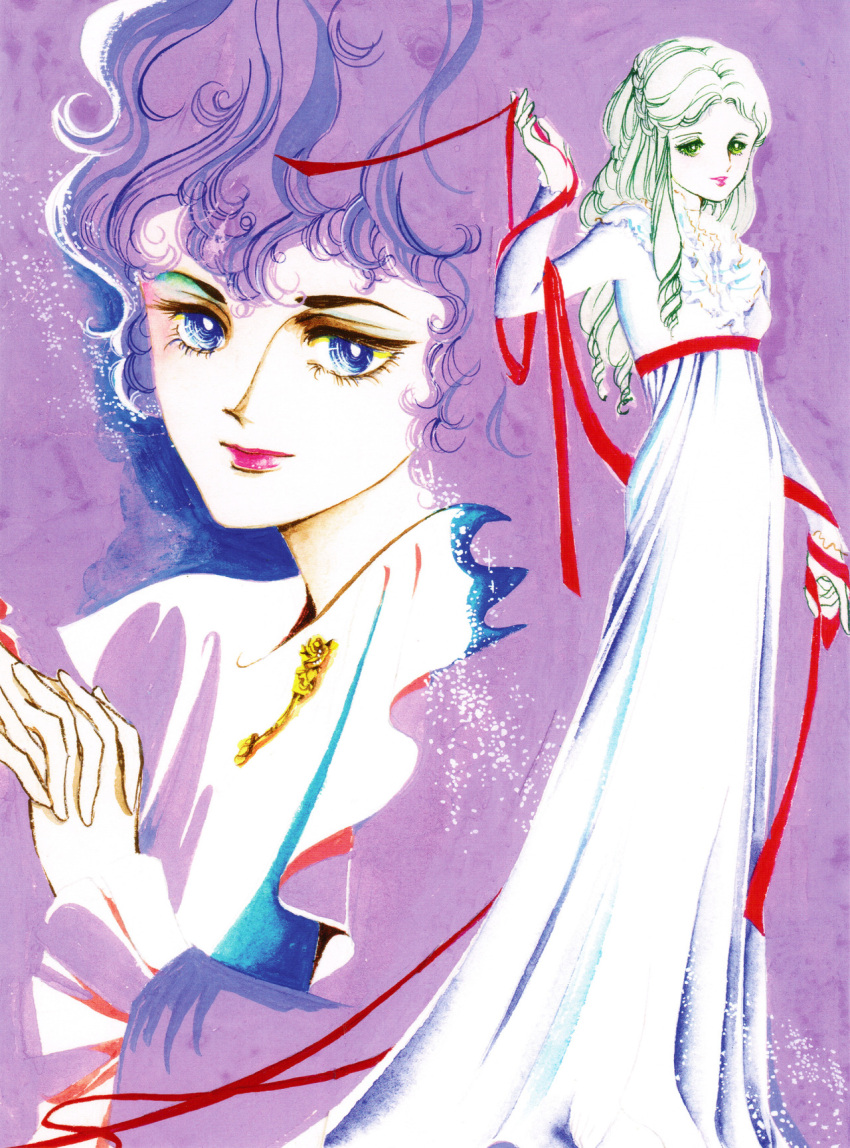 1boy 1girl 70s alternate_hair_color androgynous blue_eyes brooch brother_and_sister dress drill_hair edgar_portsnell gown green_eyes hagio_moto hands_together highres interlocked_fingers jewelry long_dress long_hair marybell_portsnell official_art oldschool pink_lips poe_no_ichizoku red_ribbon ribbon siblings traditional_media victorian watercolor_(medium) white_dress