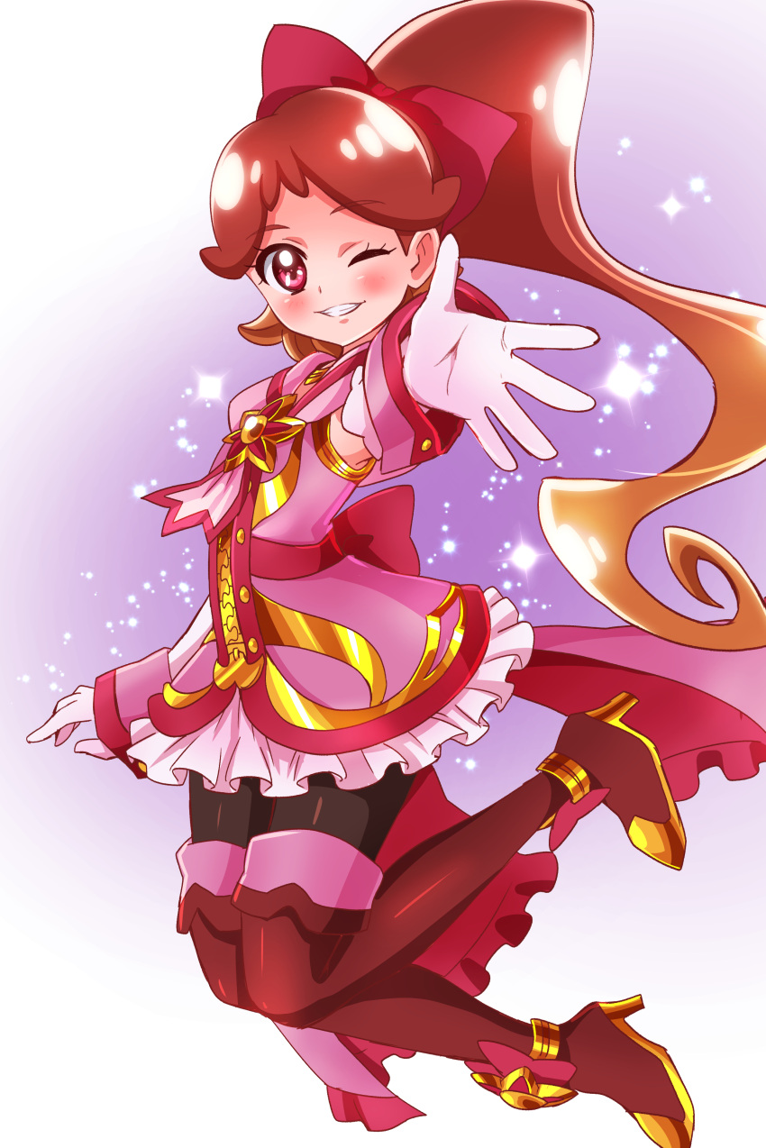 1girl absurdres black_legwear blush boots bow brooch brown_boots brown_hair frills full_body go!_princess_precure grin hair_bow highres jacket jewelry long_hair one_eye_closed outstretched_hand pantyhose pink_skirt ponytail precure red_bow red_eyes refi_(go!_princess_precure) sharumon skirt smile solo thigh-highs thigh_boots wrist_cuffs