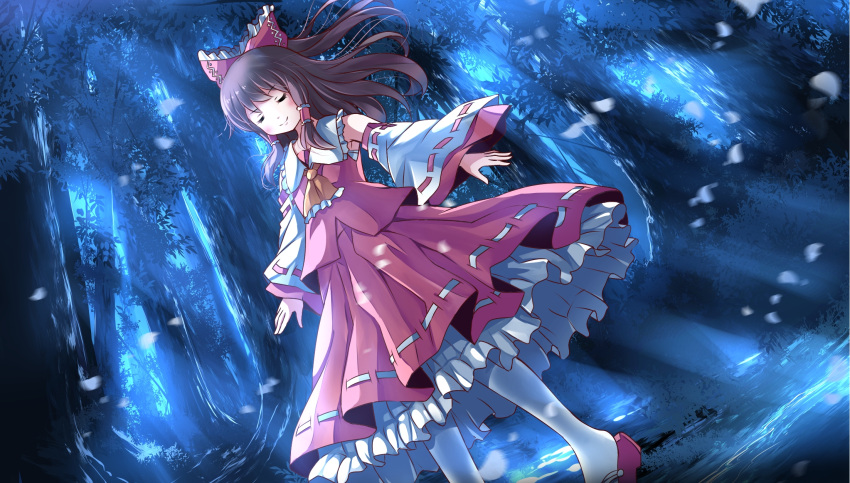 1girl ascot bow brown_hair closed_eyes detached_sleeves forest hair_bow hair_tubes hakurei_reimu highres long_sleeves moonlight nature outstretched_arms petals ribbon-trimmed_sleeves ribbon_trim risutaru shirt skirt skirt_set smile solo touhou wide_sleeves