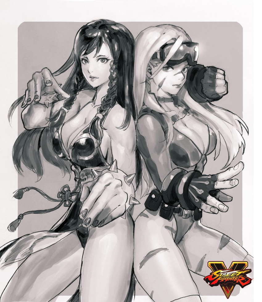 2girls alternate_costume bangs belt_pouch bracelet braid breasts cammy_white camouflage chun-li cleavage clenched_hands closed_mouth copyright_name fighting_stance fingerless_gloves gloves goggles goggles_on_head hair_tie highres jewelry knot large_breasts leotard long_hair looking_at_viewer monochrome multiple_girls nail_polish nax pelvic_curtain side-by-side side_slit sketch sleeveless spiked_bracelet spikes street_fighter street_fighter_v swept_bangs tassel twin_braids