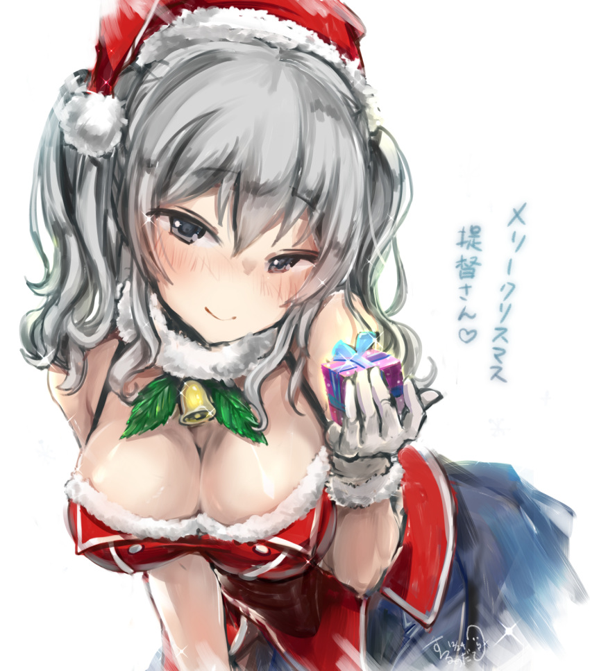 1girl alternate_costume breasts christmas gift gloves hat highres kantai_collection kashima_(kantai_collection) large_breasts leaning_forward long_hair looking_at_viewer miniskirt mizugensui off_shoulder pleated_skirt santa_costume santa_hat silver_hair skirt smile solo twintails white_gloves