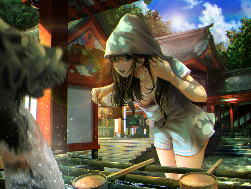 1girl architecture bamboo bangs black_hair blue_eyes blue_sky blurry blush bokeh bra breasts cleavage clouds comb combing cowboy_shot depth_of_field downblouse dripping east_asian_architecture fountain hair_tucking hood leaning_forward long_hair looking_at_viewer open_mouth original outdoors sho_(shoichi-kokubun) short_sleeves shorts sky solo stairs standing statue summer sun teeth temple tree underwear water wet