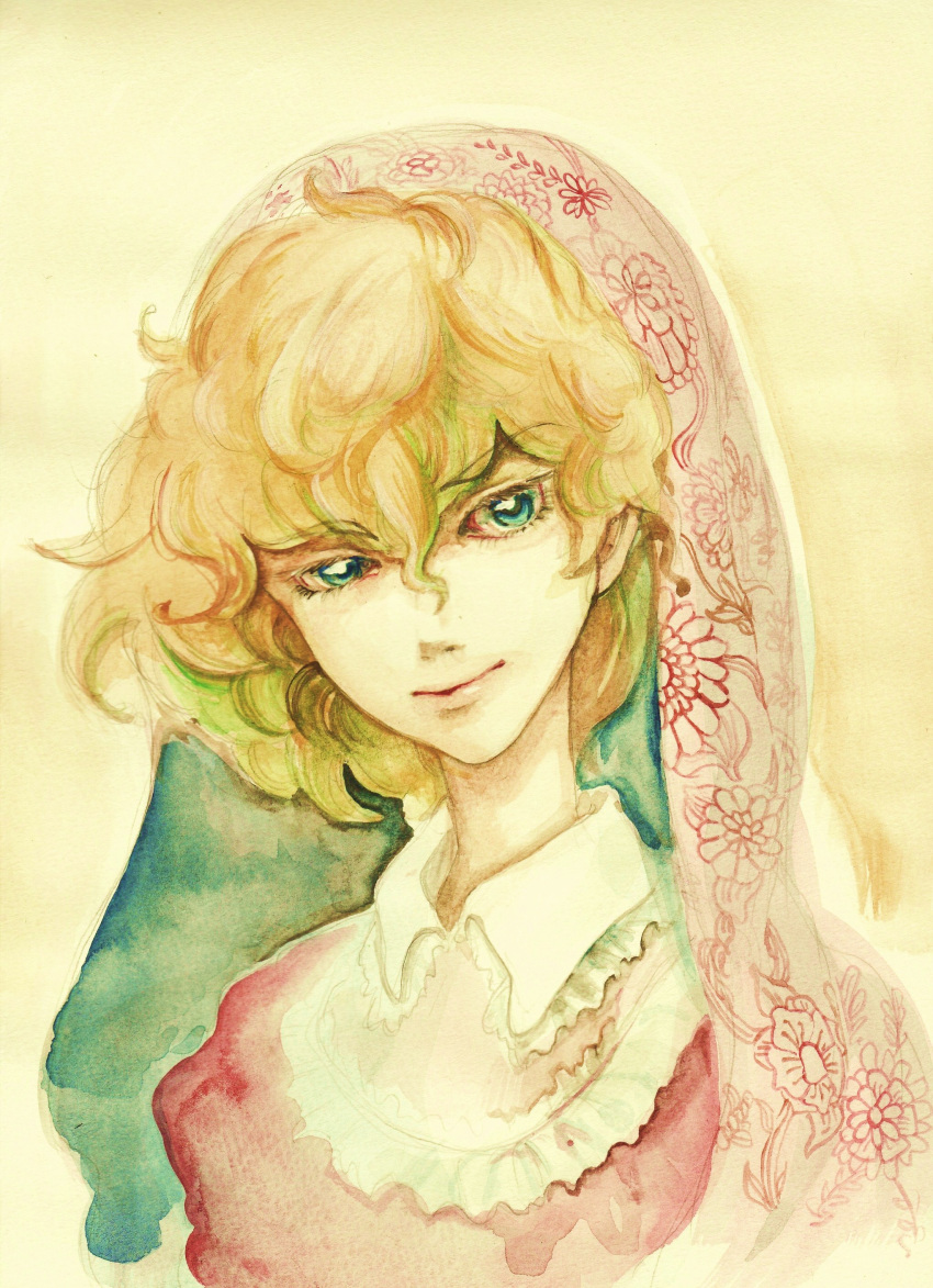 1boy absurdres androgynous anmonaito blonde_hair blue_eyes colored_eyelashes commentary_request curly_hair edgar_portsnell face floral_print graphite_(medium) highres looking_at_viewer poe_no_ichizoku portrait short_hair solo traditional_media veil watercolor_(medium)
