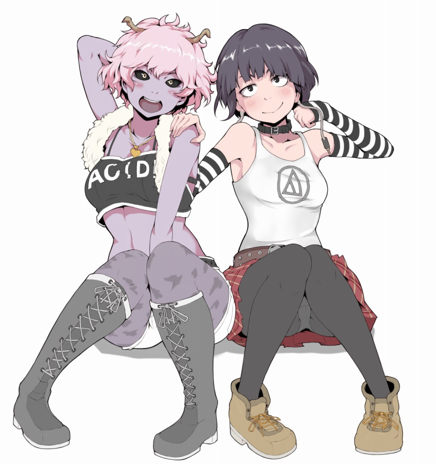 2girls arm_behind_head arm_warmers ashido_mina belt between_legs black_eyes black_hair black_legwear black_sclera blush boku_no_hero_academia boots casual choker clothes_writing crop_top cross-laced_footwear feather_boa hand_between_legs hand_on_another's_shoulder heart heart_necklace highres horns ina_(gokihoihoi) jirou_kyouka knee_boots midriff multiple_girls open_mouth panties panties_under_pantyhose pantyhose pantyshot pantyshot_(sitting) pink_hair plaid plaid_skirt plug purple_skin shoes short_hair short_shorts shorts sitting skirt smile striped tank_top underwear yellow_eyes
