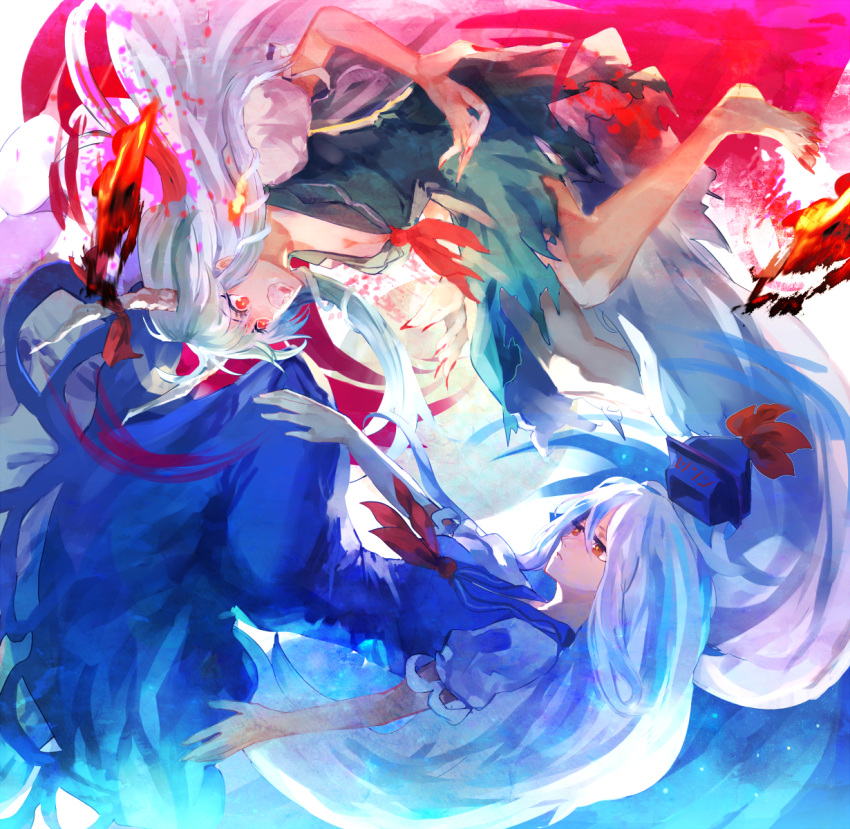 2girls bangs barefoot blue_dress blue_hair bow breasts cleavage dress dual_persona ex-keine fang fingernails fire floating_hat green_hair hair_between_eyes hair_bow hat hat_removed headwear_removed highres horn_bow horns kamishirasawa_keine kotaro-nosuke long_fingernails long_hair long_toenails looking_at_another multiple_girls nail_polish open_mouth puffy_short_sleeves puffy_sleeves red_eyes red_nails ribbon sharp_fingernails sharp_toenails shirt short_sleeves teeth toenails torn_clothes torn_dress touhou very_long_hair white_shirt