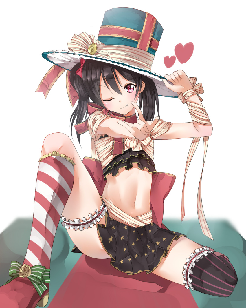 1girl ;) \m/ absurdres asymmetrical_legwear bangs black_hair black_skirt blush bow crop_top eyeshadow foreshortening frilled_legwear frilled_shirt hachinatsu hair_bow hat hat_ribbon hat_tip head_tilt heart high_heels highres knee_up kneehighs looking_at_viewer love_live!_school_idol_project makeup midriff miniskirt mismatched_legwear navel neck_ribbon one_eye_closed outstretched_arm over-kneehighs pleated_skirt print_skirt red_eyes red_shoes ribbon shoes short_twintails sitting skirt smile solo spread_legs star_print striped striped_legwear thigh-highs top_hat twintails vertical-striped_legwear vertical_stripes white_background wrist_ribbon yazawa_nico