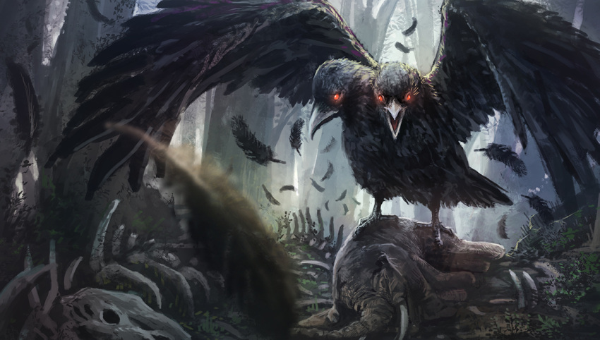 akamidoriao_(rgb) bird black_feathers corpse crow fantasy glowing glowing_eyes no_humans original red_eyes scenery skeleton