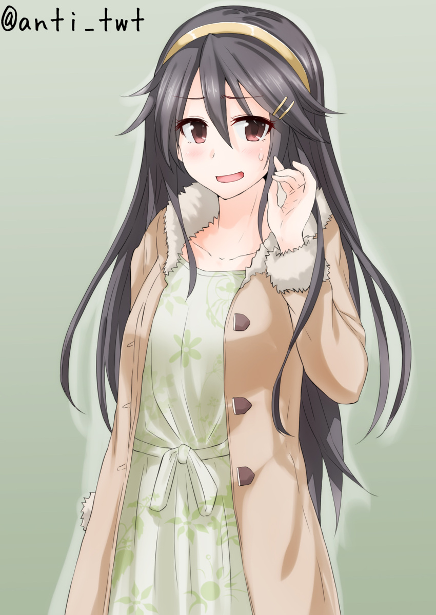 1girl anti_(untea9) bangs black_hair brown_jacket casual collarbone commentary cowboy_shot dress floral_print green_dress hair_ornament hairband haruna_(kantai_collection) highres jacket kantai_collection long_hair long_sleeves looking_at_viewer open_mouth red_eyes simple_background solo standing sweat tied_skirt twitter_username