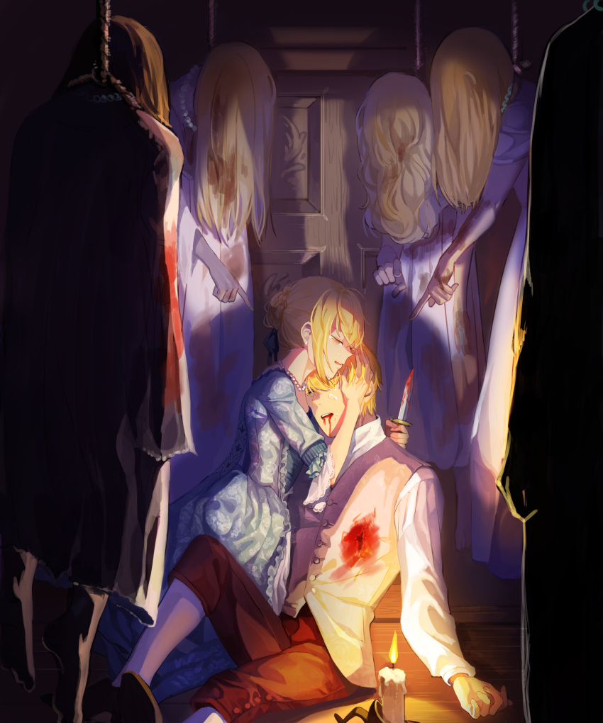 1boy absurdres ahoge alternate_costume artoria_pendragon_(all) bangs barefoot beads blonde_hair blood blood_from_mouth bloody_clothes bloody_weapon blue_ribbon braid buttons candle closed_eyes collared_shirt corpse crying dagger door dress earrings eyes_visible_through_hair fate/zero fate_(series) floral_print gilgamesh hair_bun hair_over_face hair_ribbon hand_in_hair hand_on_another's_head hanging highres holding_weapon hug injury jewelry jisue10 knickers lace-trimmed_sleeves long_hair long_sleeves multiple_girls necklace noose pants pointing print_dress ribbon saber shade shirt sitting tears teeth unconscious vest weapon white_legwear white_shirt wooden_floor