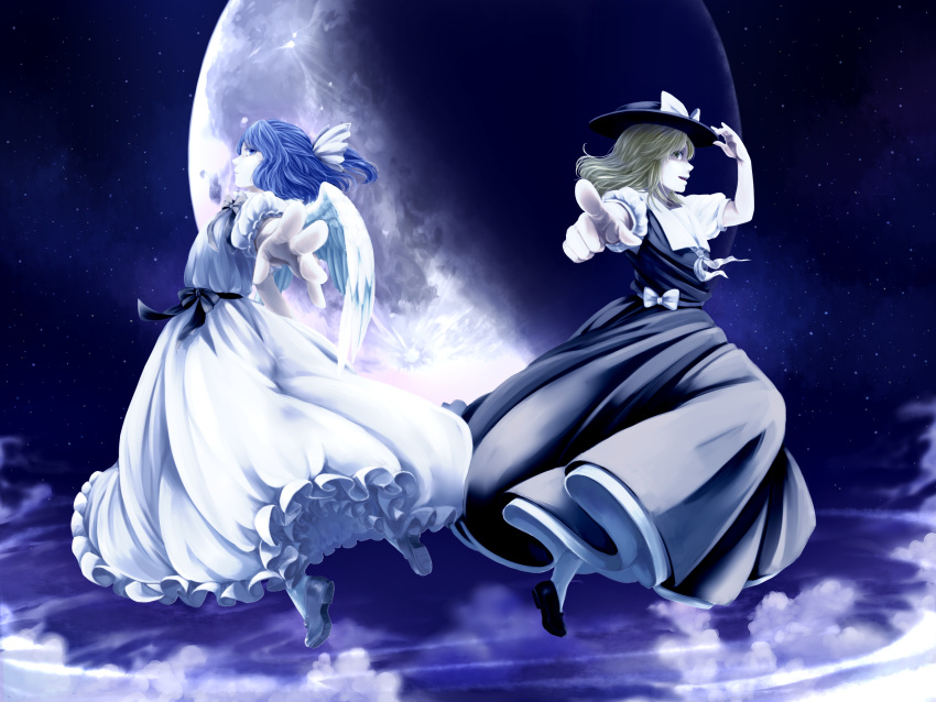 2girls above_clouds absurdres ameya_nihachi arm_at_side black_dress black_shoes blonde_hair blue_hair bow clouds dress feathered_wings frilled_dress frills full_body hair_bow half_updo hand_up hat hat_bow hat_tip highres holding holding_hat loafers long_dress mai_(touhou) moon multiple_girls night night_sky outstretched_arm pointing pointing_at_viewer puffy_short_sleeves puffy_sleeves ribbon shoes short_sleeves sky star_(sky) touhou touhou_(pc-98) white_bow white_dress white_legwear white_shoes white_skin white_wings wings yuki_(touhou)