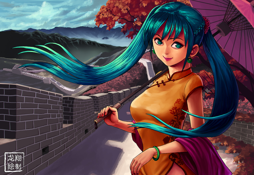 1girl bangle bracelet braid breasts china_dress chinese_clothes commentary dress earrings flower great_wall_of_china green_eyes green_hair hair_flower hair_ornament hatsune_miku highres jewelry lipstick long_hair looking_at_viewer makeup making_of nail_polish oriental_umbrella ryu_shou shawl side_braid sleeveless sleeveless_dress smile solo twintails umbrella vocaloid