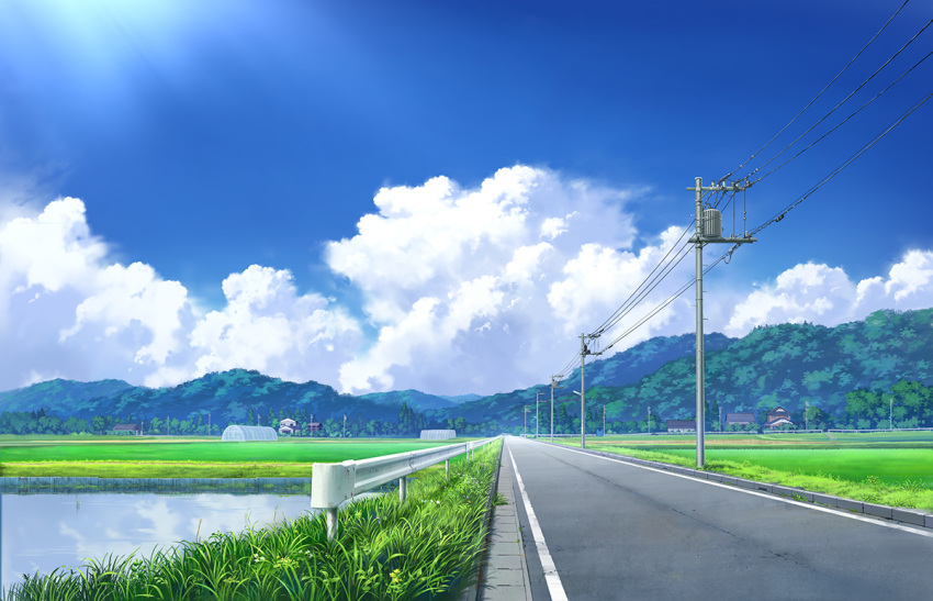 blue_sky clouds field grass greenhouse guard_rail hill house no_humans original outdoors pavement pei_(sumurai) pond power_lines road rural scenery sky street sunlight telephone_pole transformer tree vanishing_point water