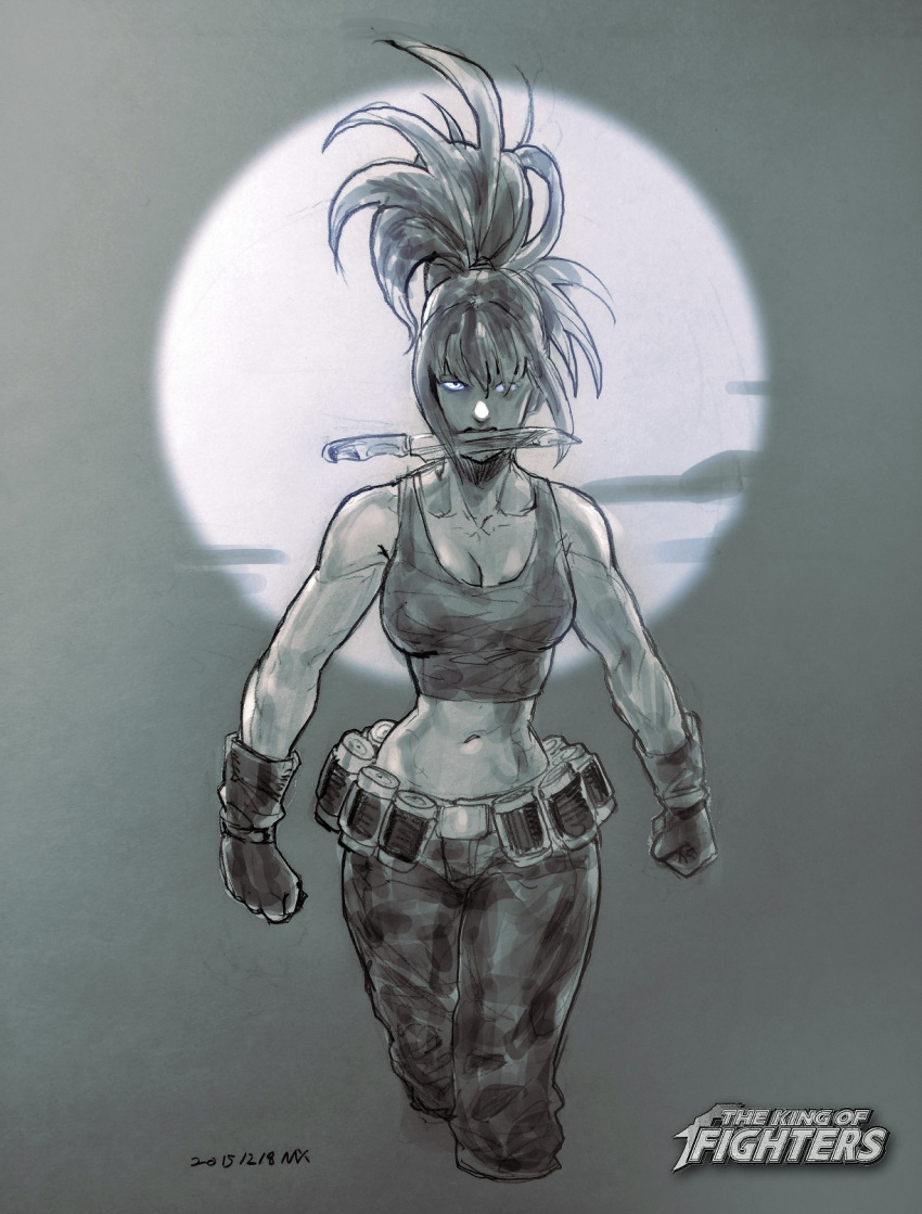 1girl 2015 artist_name belt_pouch camouflage clenched_hands clouds copyright_name crop_top dagger dated gloves glowing glowing_eyes highres leona_heidern looking_at_viewer midriff monochrome moon mouth_hold navel nax pants ponytail signature solo tank_top the_king_of_fighters toned weapon