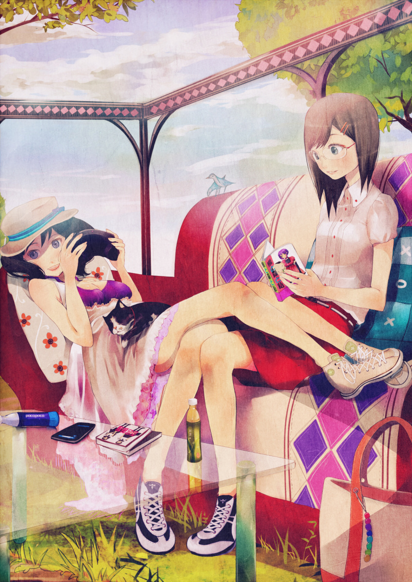 bad_id bag bird black_hair book breasts brown_hair cat cleavage couch drink girls_playing_games glasses grass highres long_hair mole multiple_girls no_socks original outside playing_games purse shigureteki shoes smile sneakers video_game