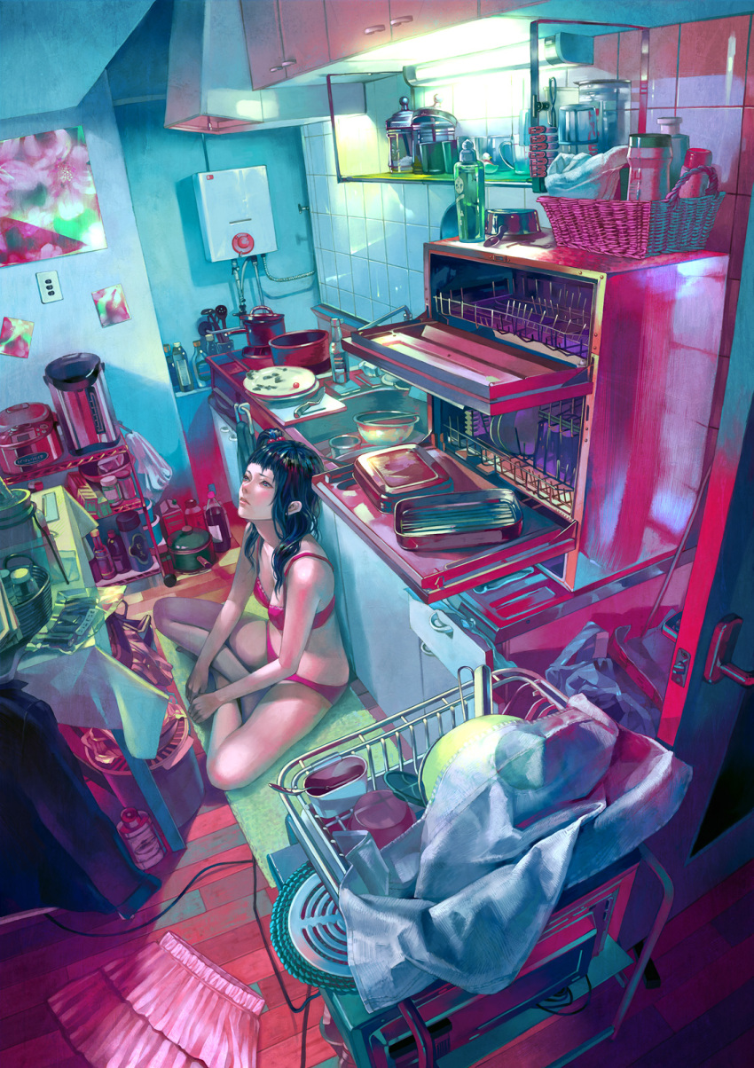 blue bra crossed_legs dutch_angle fluorescent_lamp highres indian_style kitchen lingerie original panties perspective pink realistic scenery side_ponytail sitting squat underwear zain