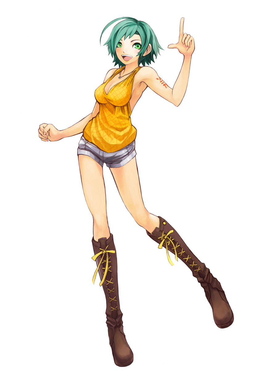 boots breasts cleavage cpux4 engloid fashion green_eyes green_hair highres hotpants nail_polish short_hair short_shorts shorts simple_background smile solo sonika vocaloid