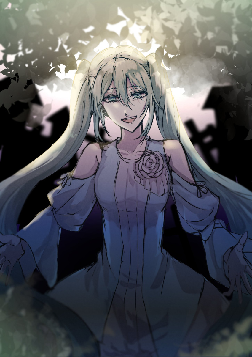 1girl aqua_eyes aqua_hair backlighting bare_shoulders building clothing_cutout crying crying_with_eyes_open dress_flower evillious_nendaiki flower half-closed_eyes hatsune_miku highres leaf long_hair looking_down margarita_blankenheim muted_color nemurase_hime_kara_no_okurimono_(vocaloid) outstretched_arms pale_skin rose shoulder_cutout solo tearing_up tears twintails very_long_hair vocaloid warabi_(danngo-mitarasi) wide_sleeves