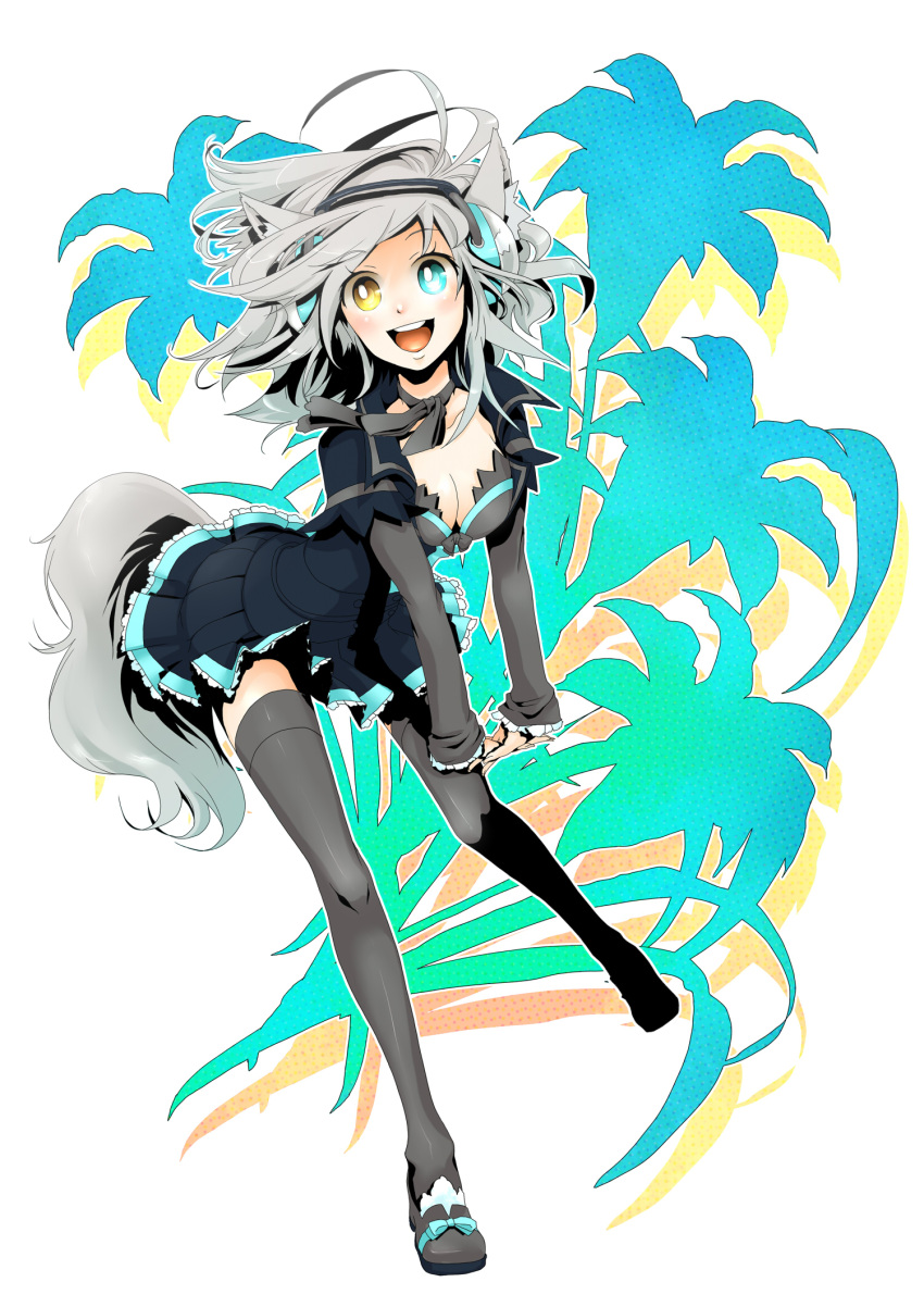 breasts cleavage grey_hair headphones heterochromia highres legs open_mouth original plastick smile solo tail thigh-highs thighhighs wolf_ears wolf_tail zettai_ryouiki