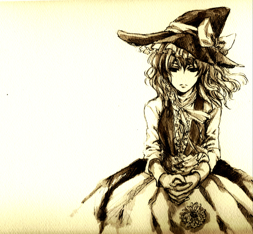 hands hat highres kirisame_marisa monochrome no_nose ptiki sketch touhou traditional_media witch_hat yellow