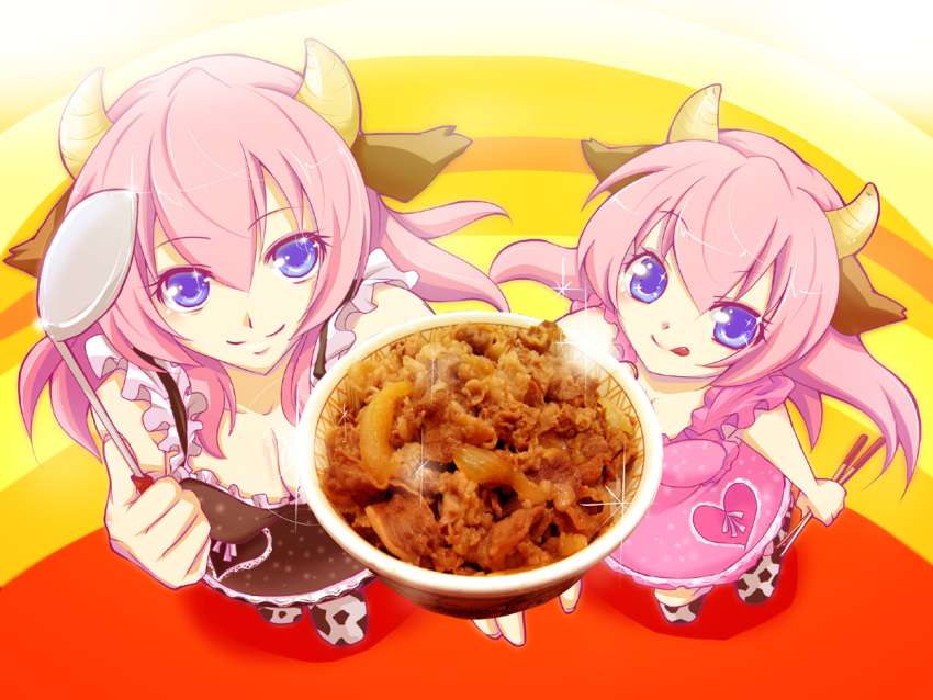 :q animal_ears breasts child chopsticks cleavage cow_ears cow_print dress dual_persona food from_above gyuudon haru_aki highres horns ladle long_hair megurine_luka multiple_girls pink_hair purple_eyes smile tongue violet_eyes vocaloid