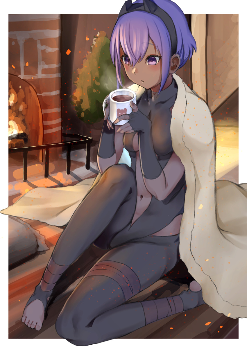 1girl absurdres bangs black_gloves black_hairband black_leotard blanket blowing_on_food blush breasts center_opening commentary_request cup dark-skinned_female dark_skin eyebrows_visible_through_hair fate/grand_order fate_(series) fingerless_gloves fire fireplace gloves hair_between_eyes hairband hassan_of_serenity_(fate) highres holding holding_cup indoors leggings leotard mug navel purple_hair short_hair sitting solo steam taruto_(takug0812) toes violet_eyes