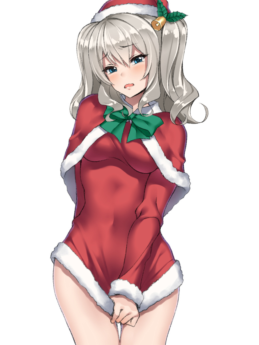1girl arm_behind_back bell blue_eyes blush bow breasts capelet christmas covered_navel covering covering_crotch embarrassed fur_trim hair_bell hair_ornament hat highres kantai_collection kashima_(kantai_collection) leaf legs long_hair no_pants okita_ababa open_mouth santa_costume santa_hat shirt_tug sidelocks silver_hair solo twintails wavy_hair wavy_mouth