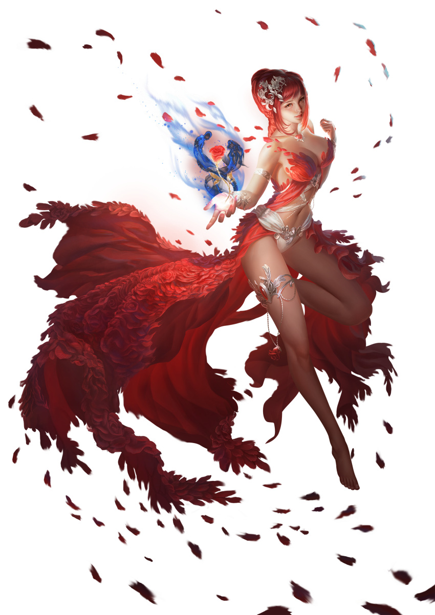 1girl absurdres bare_legs bare_shoulders barefoot breasts cleavage dress feet flower hair_ornament highres jewelry large_breasts league_of_angels legs lips long_hair magic navel pendant petals red_dress red_eyes redhead rike_lee rose rose_petals smile solo transparent_background