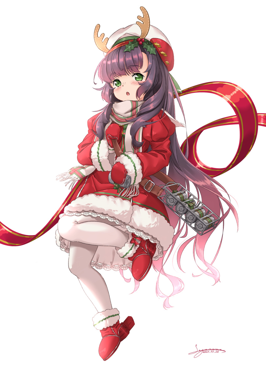 1girl absurdres blush dated depth_charge eyebrows_visible_through_hair green_eyes hat highres juliet_sleeves kantai_collection long_hair long_sleeves matsuwa_(kancolle) mittens official_alternate_costume open_mouth pantyhose puffy_sleeves purple_hair red_footwear red_mittens rudder_footwear sagoromo_04 sailor_hat santa_costume signature simple_background solo white_background white_headwear white_legwear