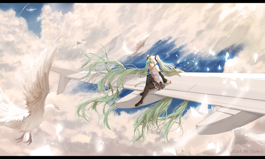 1girl absurdly_long_hair absurdres airplane artist_name bird clouds detached_sleeves floating_hair green_eyes green_hair hatsune_miku hews_hack highres huge_filesize letterboxed long_hair necktie sitting skirt sky solo thigh-highs twintails very_long_hair vocaloid