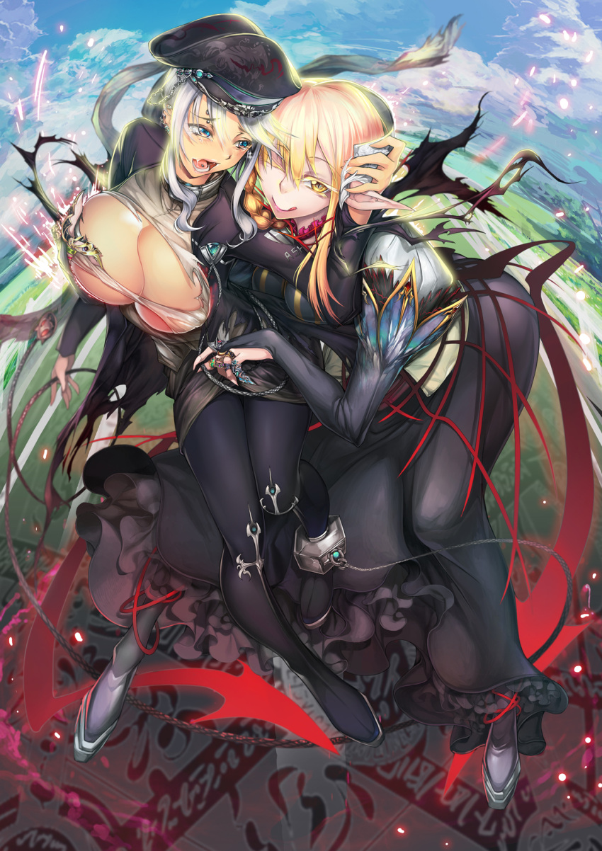 2girls :d ;q ass blonde_hair bloodline blue_eyes braid breasts cleavage dress ear_piercing eyebrow_piercing fingernails hat highres jewelry long_hair looking_at_viewer maotu multiple_girls one_eye_closed open_mouth piercing pointy_ears ring saliva sharp_fingernails silver_hair smile tears teeth tongue tongue_out tongue_piercing torn_clothes yellow_eyes