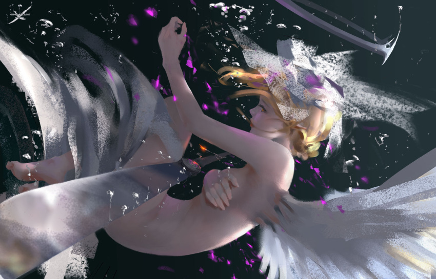1girl angel angel_wings barefoot blonde_hair covering covering_breasts falling feathered_wings fetal_position hair_ornament halo hand_on_breast nude original petals red_lips solo water weapon wings wlop
