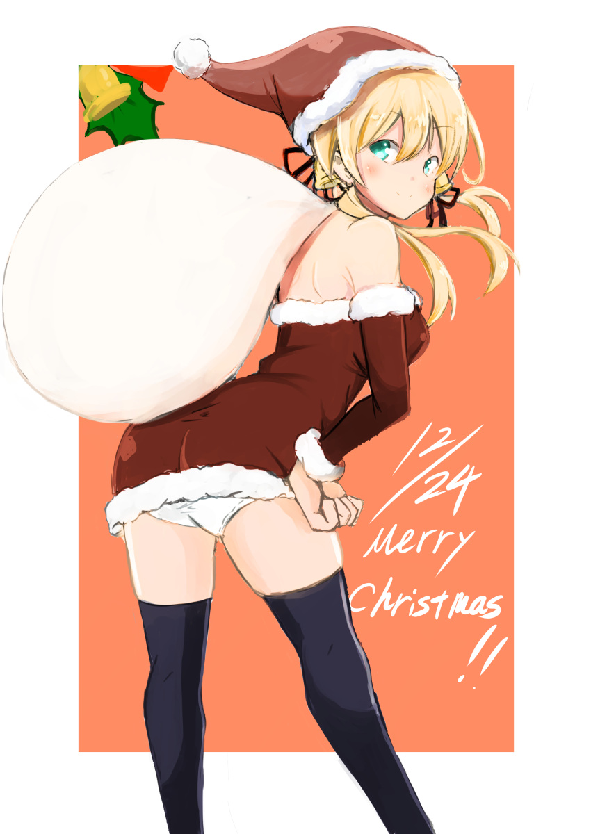 1girl absurdres aqua_eyes bare_shoulders bell_hair_ornament black_legwear blonde_hair detached_sleeves dress from_behind hair_ornament hand_on_hip hat highres kantai_collection merry_christmas over_shoulder panties prinz_eugen_(kantai_collection) red_dress sack santa_costume santa_hat shibakame short_dress solo strapless_dress thigh-highs twintails underwear white_panties