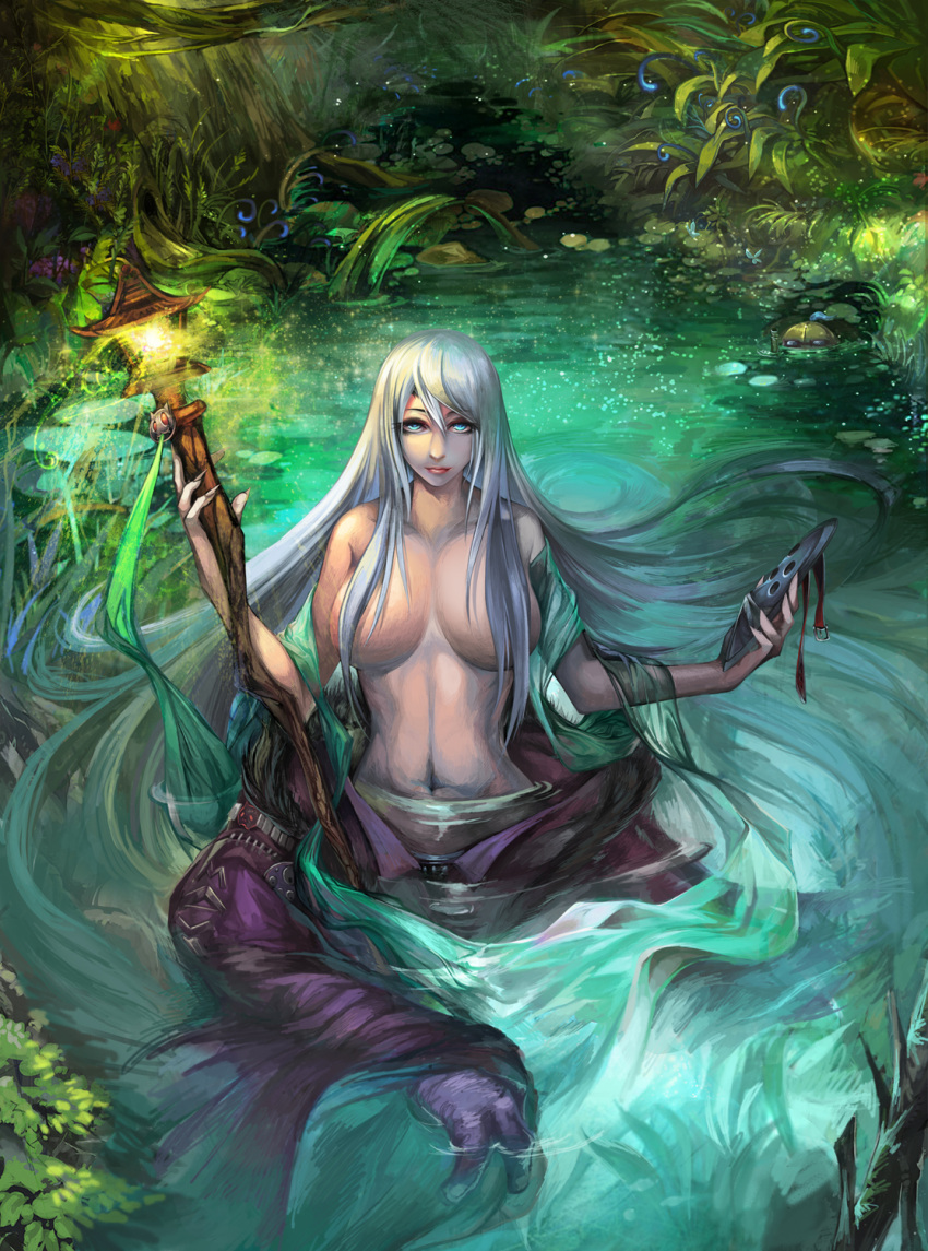 1girl bare_shoulders blue_eyes breasts clothes_removed genderswap hair_over_breasts highres huge_breasts jax_(league_of_legends) league_of_legends long_hair looking_at_viewer maotu mask mask_removed navel partially_submerged plant silver_hair smile solo staff very_long_hair