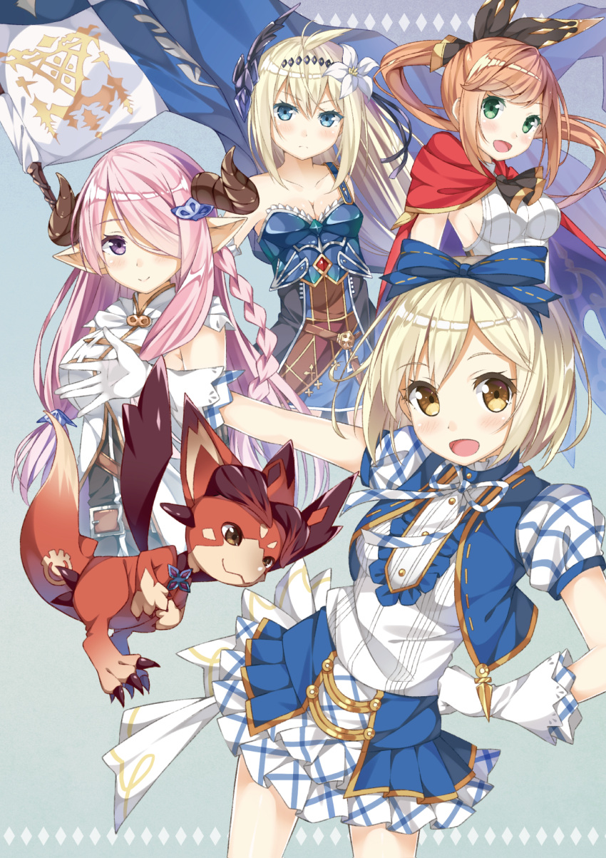 4girls :d banner bare_shoulders bii_(granblue_fantasy) blonde_hair blush bow braid breasts brown_eyes cape clarisse_(granblue_fantasy) cleavage djeeta_(granblue_fantasy) flower gloves granblue_fantasy green_eyes hair_bow hair_flower hair_ornament hair_over_one_eye hand_on_hip highres horns jeanne_d'arc_(granblue_fantasy) lavender_eyes lavender_hair long_hair looking_at_viewer multiple_girls narumeia_(granblue_fantasy) open_mouth pointy_ears ponytail short_hair smile superstar_ex_(granblue_fantasy) taiyaki_(astre) white_gloves