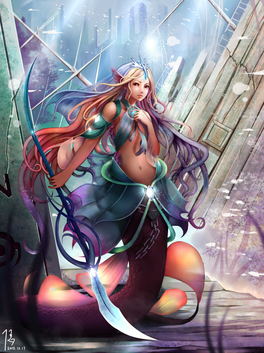 1girl absurdres blonde_hair breasts chain_belt dated diandianzai expressionless gem glowing guan_dao hand_on_own_chest head_fins headdress highres lips long_hair looking_at_viewer mermaid monster_girl nose original polearm red_eyes ruins sideboob signature solo under_boob very_long_hair weapon
