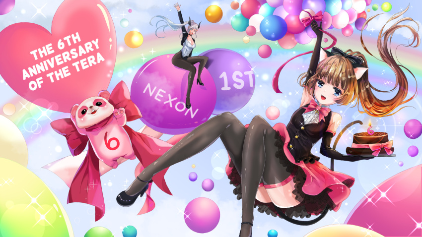 1boy 2girls animal_ears arm_up armpits artist_request balloon black_legwear blue_eyes bow breasts brown_hair bunnysuit cake castanic_(tera) cat_ears cat_tail cleavage cropped_jacket dress elbow_gloves elin_(tera) food gloves high_heels highres holding horns jacket knees_together_feet_apart leotard long_hair multiple_girls open_mouth pantyhose pointy_ears popori ribbon shirt shoes silver_hair sitting sleeveless sleeveless_dress smile tail tera_online thigh-highs very_long_hair waving