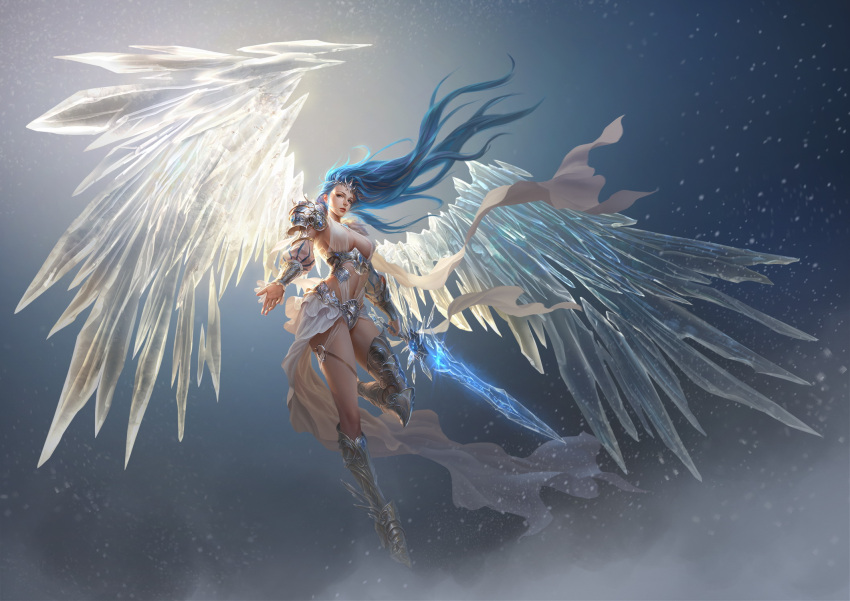 1girl blue_eyes blue_hair breasts floating_hair flying greaves highres ice ice_wings large_breasts league_of_angels lips long_hair looking_at_viewer navel outstretched_arms rike_lee sideboob solo spread_arms sword thighs tiara weapon wings