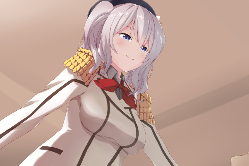 1girl blue_eyes blush breasts epaulettes hat highres kantai_collection kashima_(kantai_collection) large_breasts long_hair looking_at_viewer military military_uniform sakunohi_c_moon silver_hair smile solo twintails uniform