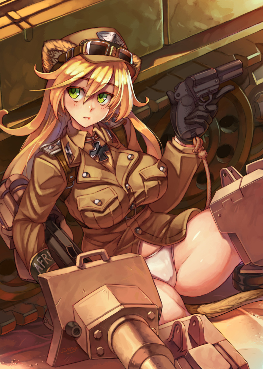 1girl animal_ears black_gloves blonde_hair blush breasts cannon character_request gloves goggles goggles_on_hat green_eyes gun handgun hannelore_kummel hat highres iron_cross junkpuyo large_breasts lips long_hair military military_uniform military_vehicle panties solo strike_witches strike_witches_(lionheart_witch) tank trigger_discipline underwear uniform vehicle weapon white_panties
