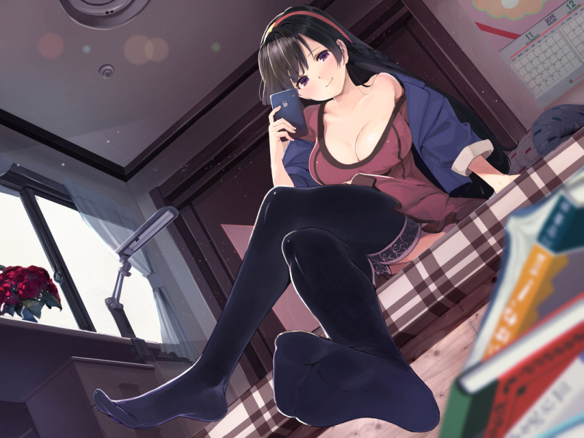 1girl 2015 arm_support bangs bare_shoulders black_hair black_legwear blanket blue_jacket blurry blush bokeh book_stack borrowed_character breasts calendar_(object) ceiling ceiling_light cellphone cleavage closed_mouth collarbone curvy depth_of_field desk desk_lamp dress dutch_angle flower fluorescent_lamp from_below glass goiro_(doukutsuwa) hairband head_tilt holding_phone indoors jacket lamp large_breasts long_hair looking_at_viewer mattress no_shoes off_shoulder on_bed original phone plaid red_dress red_flower rose short_dress sitting sliding_doors smile soles solo thigh-highs vase window