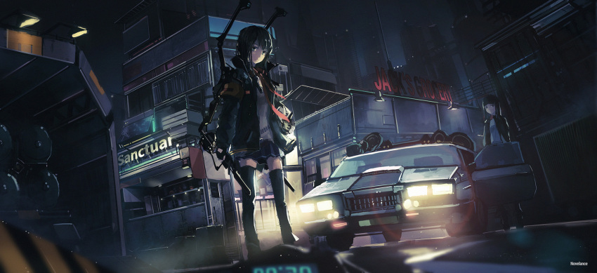 2girls armband artist_name bangs belt black_hair blunt_bangs blurry building car city coat diner expressionless foglight from_below gloves green_eyes headlights highres jacket lamppost lens_flare light long_hair looking_at_viewer motor_vehicle multiple_girls necktie night novelance open_clothes open_door open_jacket original outdoors police_car power_suit red_necktie road skirt skyscraper solo_focus standing street thigh-highs tools vehicle warehouse window zettai_ryouiki