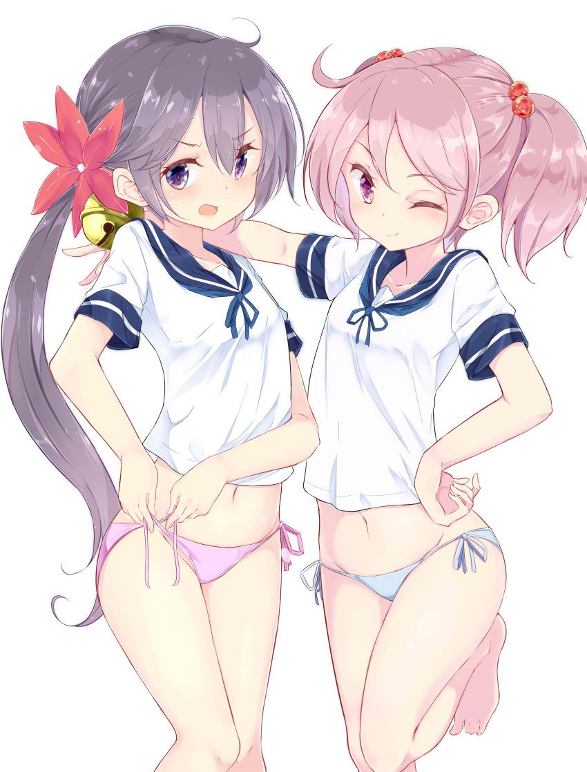 2girls ;) absurdres akebono_(kantai_collection) bell blue_panties closed_mouth commentary_request flower hair_bell hair_bobbles hair_flower hair_ornament highres jingle_bell kantai_collection kengorou_saemon_ii_sei long_hair multiple_girls navel one_eye_closed open_mouth panties pink_eyes pink_hair pink_panties ponytail purple_hair sazanami_(kantai_collection) school_uniform serafuku short_hair short_sleeves side-tie_panties side_ponytail smile twintails tying underwear untied untied_panties violet_eyes