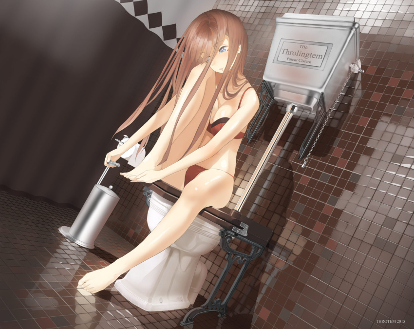1girl 2015 artist_name bare_legs barefoot bathroom blue_eyes blush bra breast_press breasts brown_hair chain cleavage curtains dutch_angle highres knees_on_chest long_hair midriff nail_clippers original panties parted_lips red_bra red_panties reflection shade sitting solo throtem toilet toilet_paper underwear very_long_hair water_tank