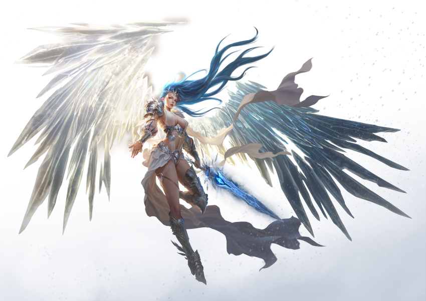 1girl blue_eyes blue_hair breasts floating_hair flying greaves highres ice ice_wings large_breasts league_of_angels lips long_hair looking_at_viewer navel outstretched_arms rike_lee sideboob solo spread_arms sword thighs tiara transparent_background weapon wings