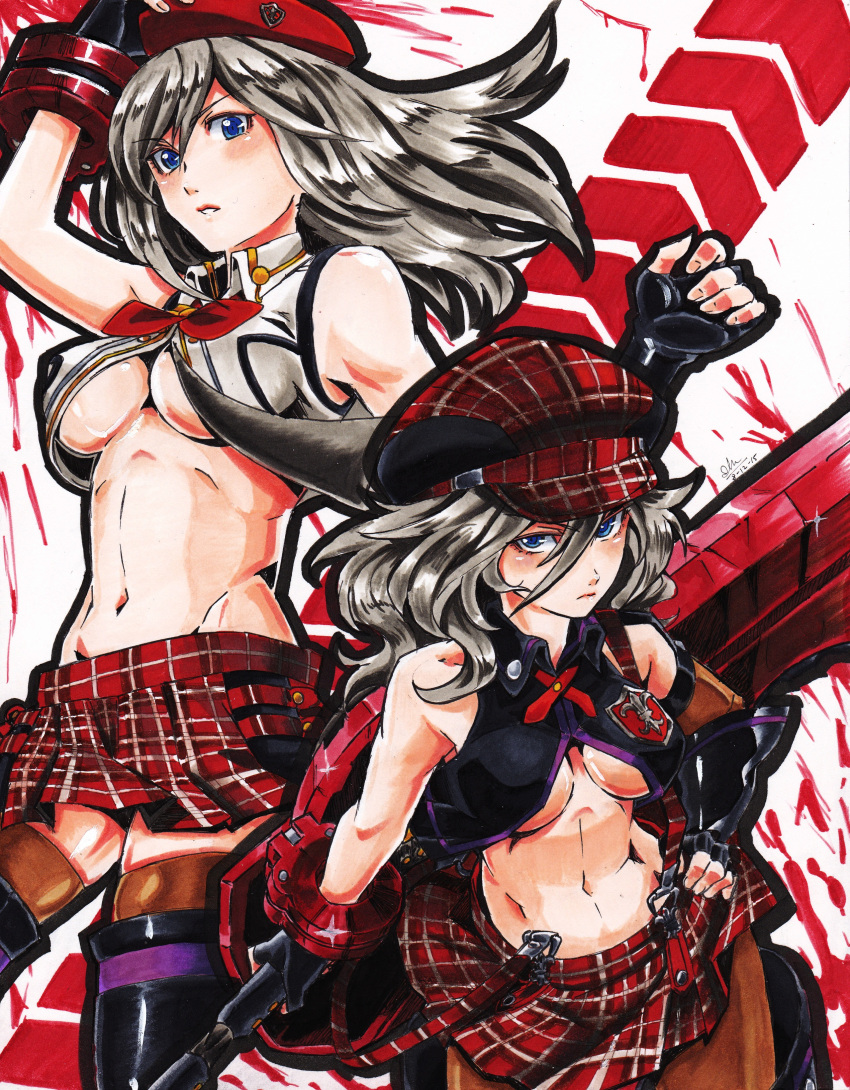 1girl absurdres alisa_ilinichina_amiella black_gloves black_hair black_legwear blue_eyes blush boots breasts cabbie_hat elbow_gloves fingerless_gloves gloves god_eater god_eater_2:_rage_burst god_eater_burst hat highres large_breasts long_hair looking_at_viewer navel open_mouth pantyhose silver_hair skirt solo suspender_skirt suspenders thigh-highs thigh_boots under_boob white_hair