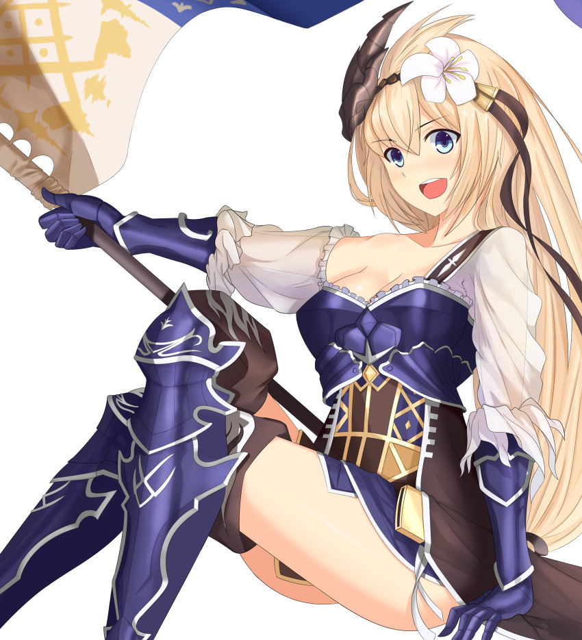 1girl :d absurdres armor armored_boots banner blonde_hair blue_eyes blush boots breasts crossed_legs flower gauntlets granblue_fantasy hair_flower hair_ornament hairband highres jeanne_d'arc_(granblue_fantasy) lily_(flower) lion_(pixiv10982013) long_hair low-tied_long_hair open_mouth see-through sheath sitting smile solo thigh-highs thigh_boots thighs very_long_hair